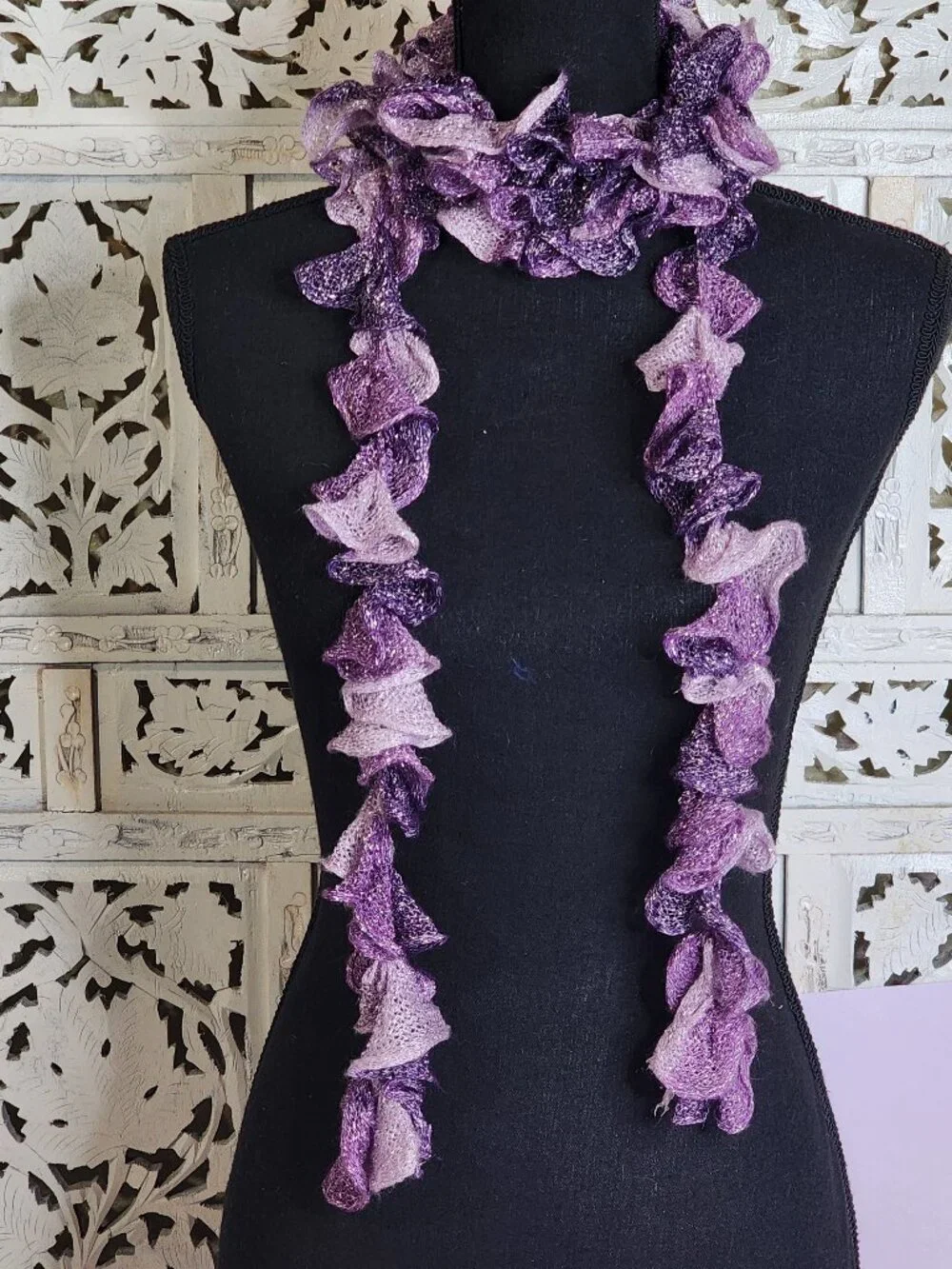 Handmade Crochet Purple and Lilac with Metallic Silver Threads Throughout Scarf